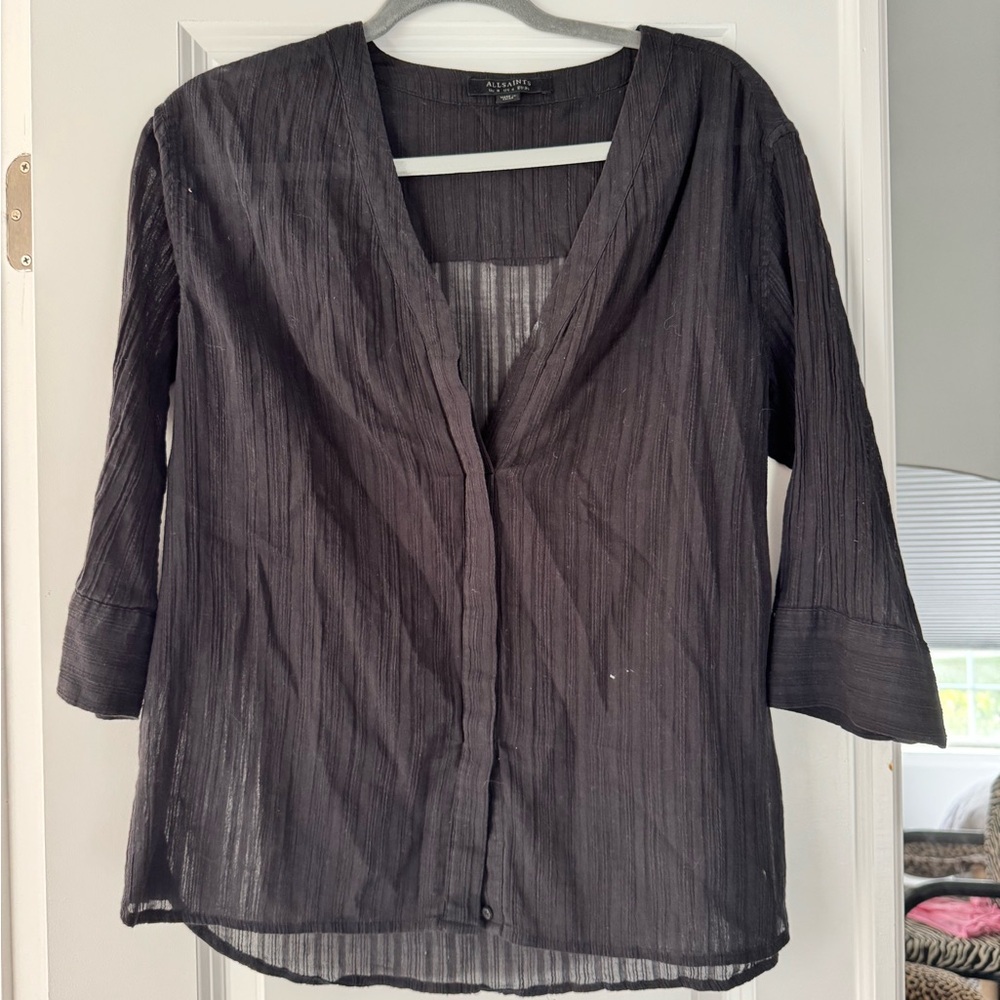 All Saints Black Sheer V-Neck Blouse